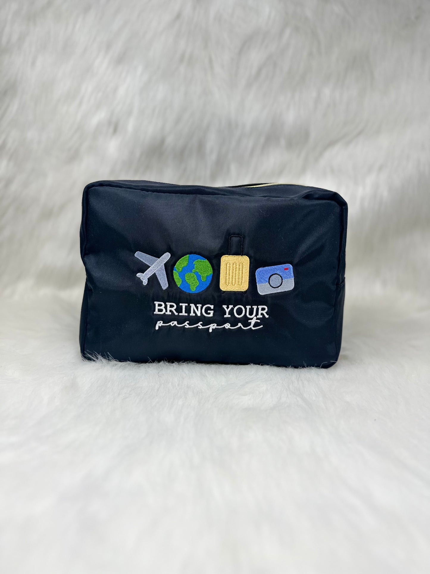 Bring Your Passport Embroidered Makeup Bag